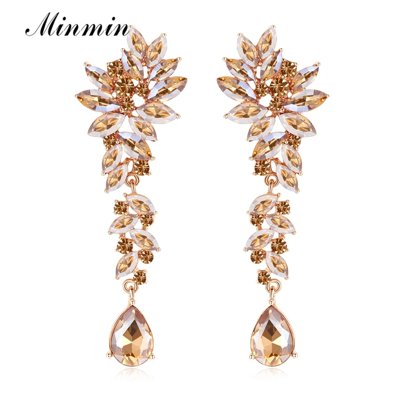 

Minmin Gold Color Elegant Cluster Crystal Wedding Bridal Jewelry Drop Earring for Women Luxury Flower Long Dangle Earring EH1566