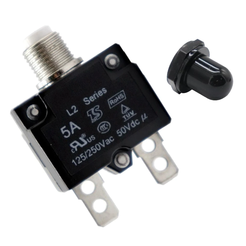 125/250V AC 50VDC 5A Switch Push Reset Button Circuit Breaker Overload Protector Swithc + Black Waterproof Cap