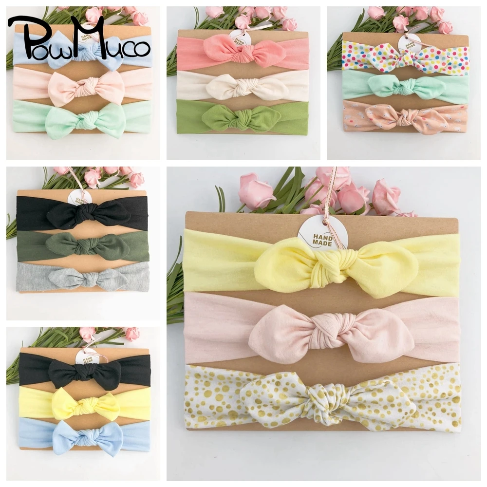 

Powmuco 3pcs/lot Lovely Printed Bunny Ears Infant Headband Solid Color Handmade Bowknot Baby Girls Hair Bands Children Headwear