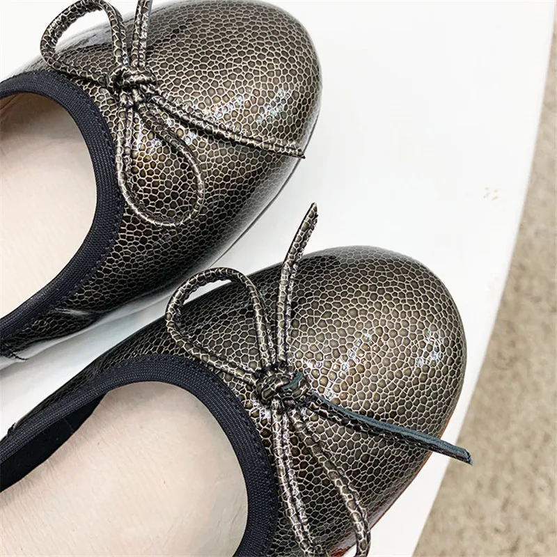 Fashion Bowtie Round Toe Women Ballet Flats Shoes Genuine Leather Women Shoes Loafers Soft Comfortable Flats Lady Shoes Big Size (20)