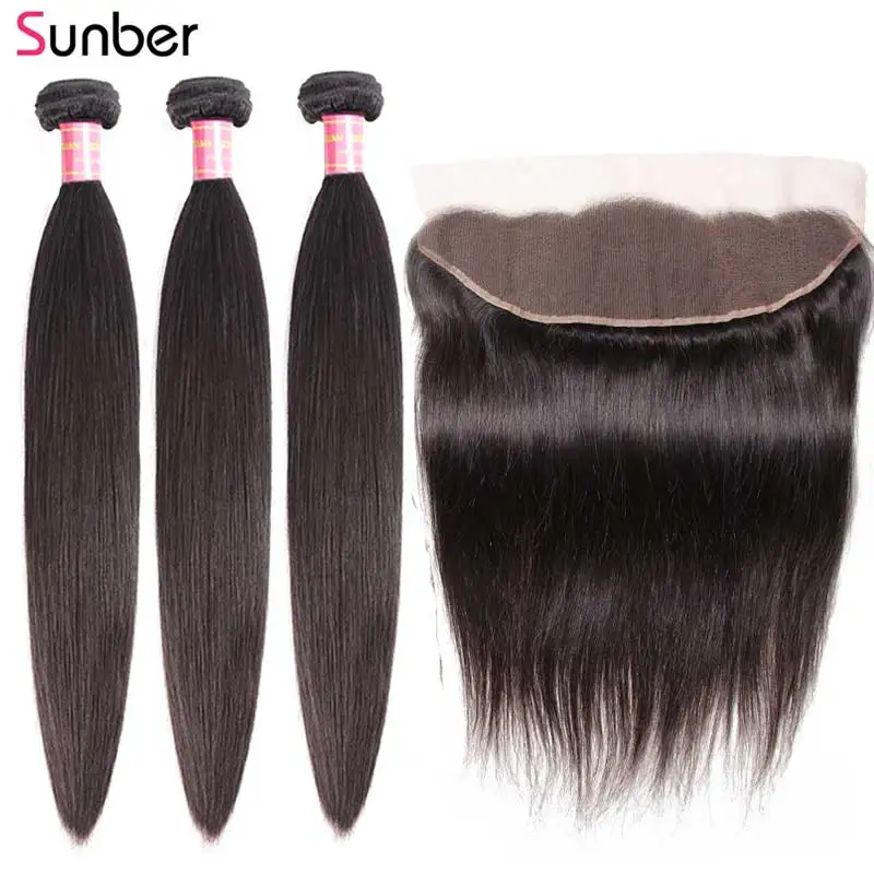 Sunber волосы бразильские прямые волосы пучки с Fontal Remy человеческие волосы переплетения 3 пучка с кружевной фронтальной застежкой 13x4 часть