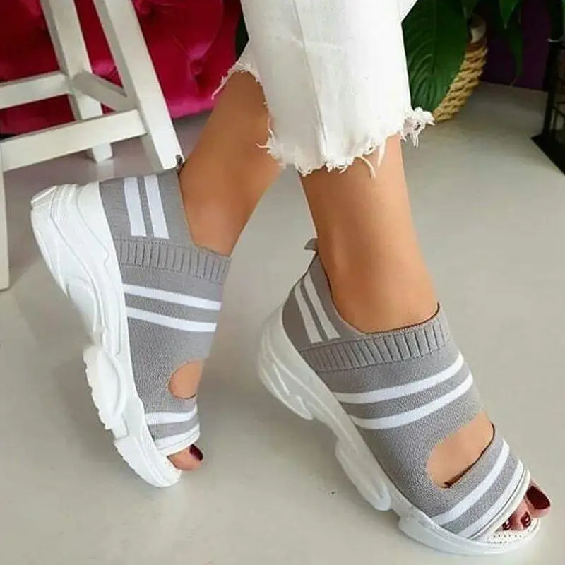 New Women Sandals 2022 High Heels Platform Women Shoes Summer Female flats Knitting Slip On Peep Toe casual Women Sandals 