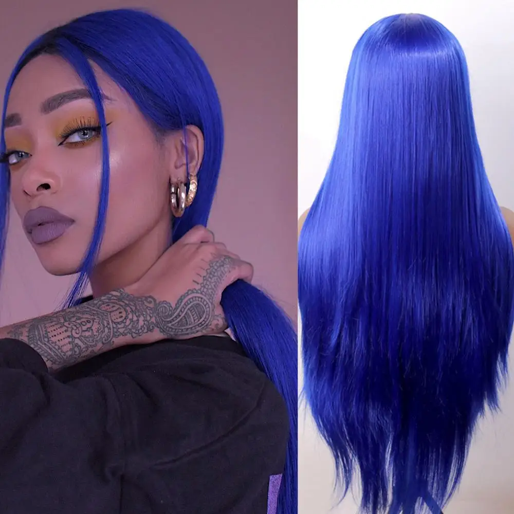 DLME Lace Front Wigs Blue Long Straight Synthetic Wigs for Black Wome Straight Wig Heat Resistant Fiber Hair Wigs europe 2023 new summer wome wide leg pants luxury diamond pentagram beading elastic high waist casual a line denim shorts blue