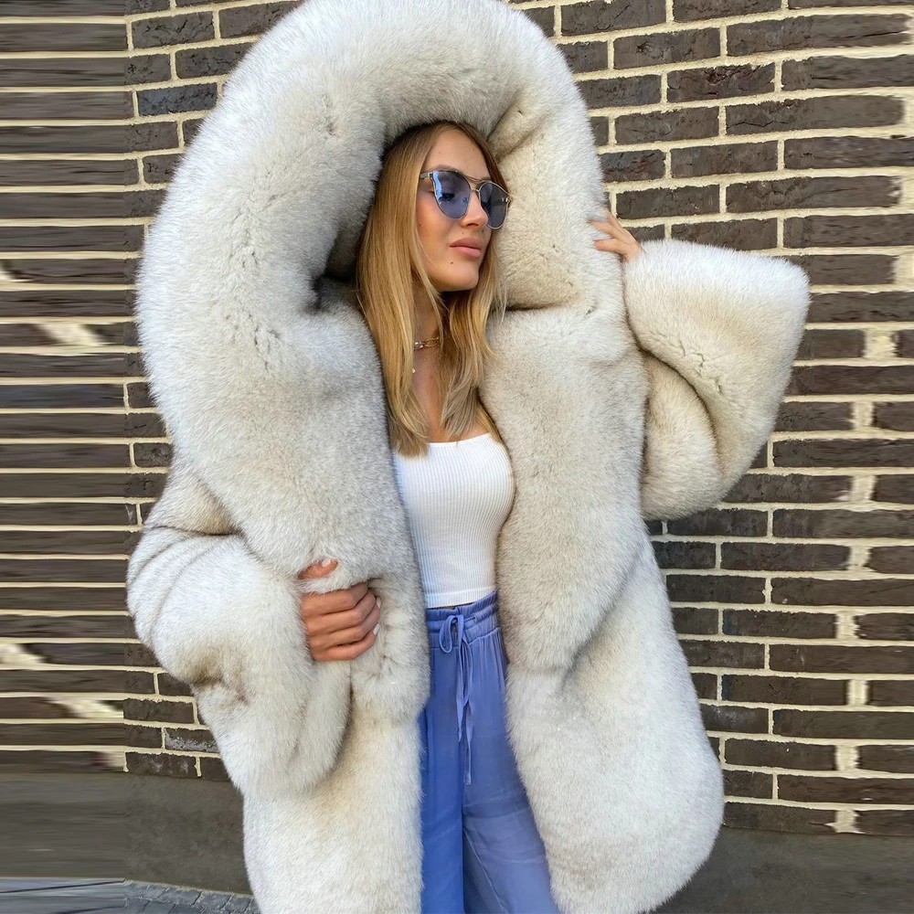 Real Fox Fur Jacket Natural Women Winter Fashion Medium Length Genuine Fox Fur Coat with Big Hood Thick Warm Fur Overcoat Luxury