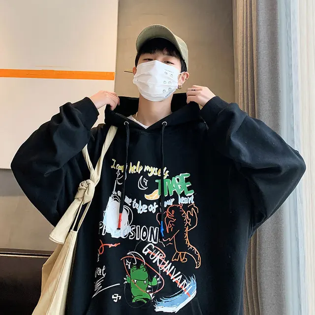 CnHnOH Streetwear Hoodies Men's Hooded Japanese Vintage Tops Autumn Japanese All-Match Loose Long Sleeve Jacket SK-Y603 black