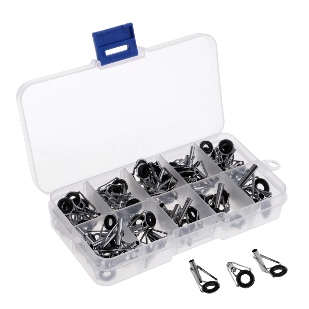 80Pcs Fishing Rod Guide Repair Kit, Stainless Steel Frame Ceramic Ring Pole Tip Top Guides Replacement Set with Storage Box