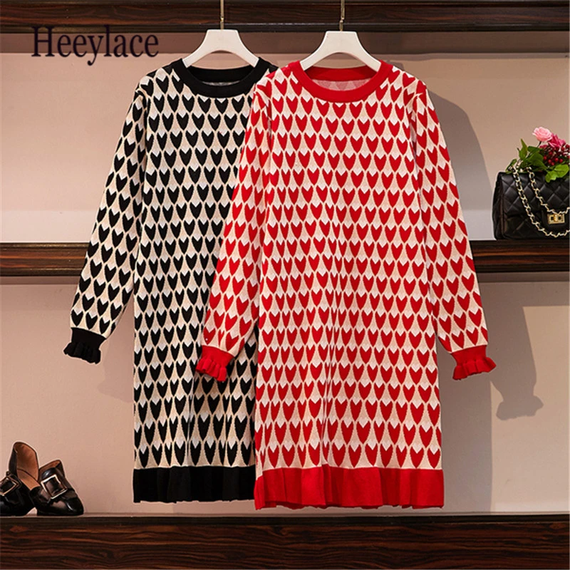 

Plus Size Sweaters Dress Women Invierno 2019 Autumn Oversized Size Dress Thicken Knitwear Heart Embroidery Jacquard Stripe 5XL