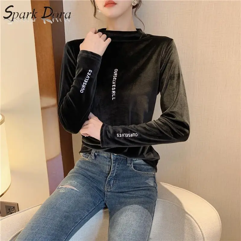 

SparkDora Women's Clothing letter o-neck casual style spring autumn long sleeve T-Shirts ladies tops ins pleuche fashion brand
