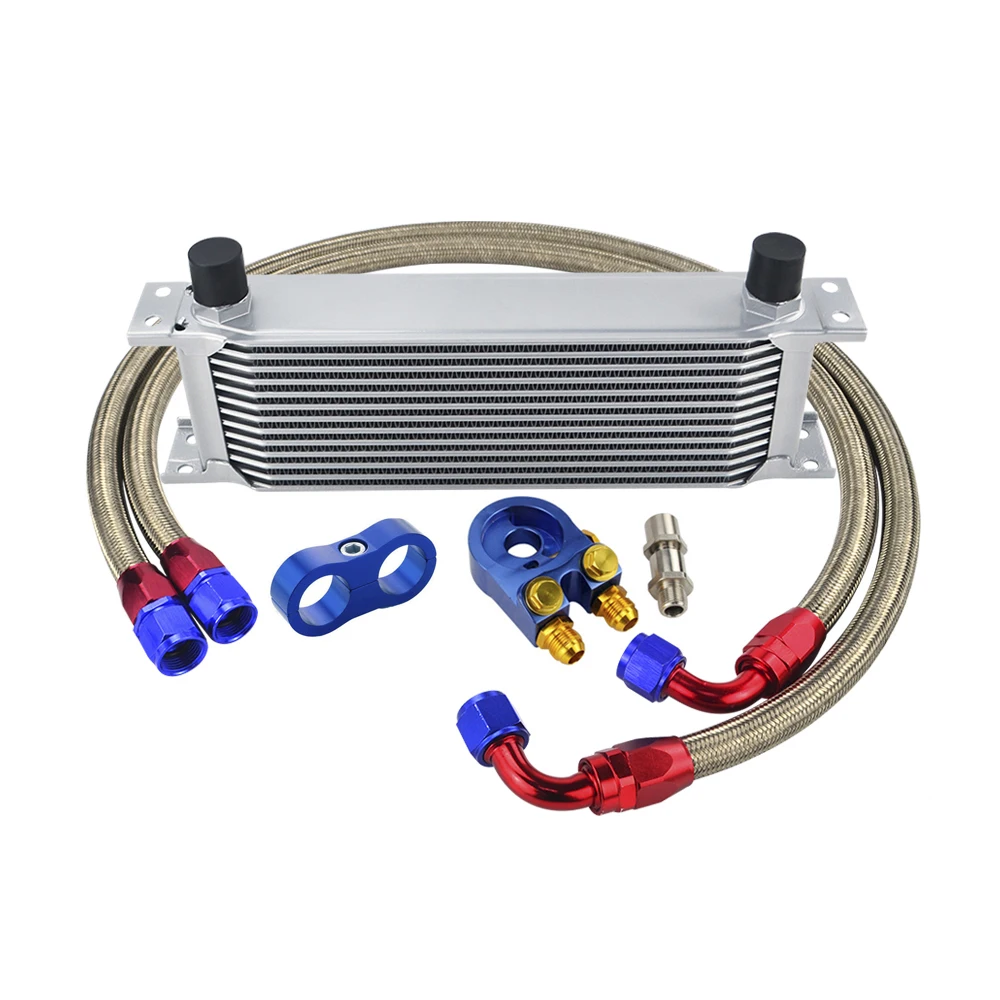 AN10 Universal 16 Rows Oil Cooler Kit + Oil Filter Sandwich Adapter + Staingless Steel Braided AN10 Hose Line Separator oil cooler kit