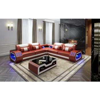 

China factory LED light genuine leather L shaped sofa