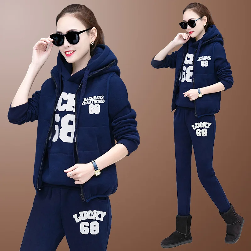Winter Thick Fleece Women Sport Suit Tracksuit Letter Print Jacket+hoodie+pant Warm Casual Jogger Running Outfit Set Sportswear