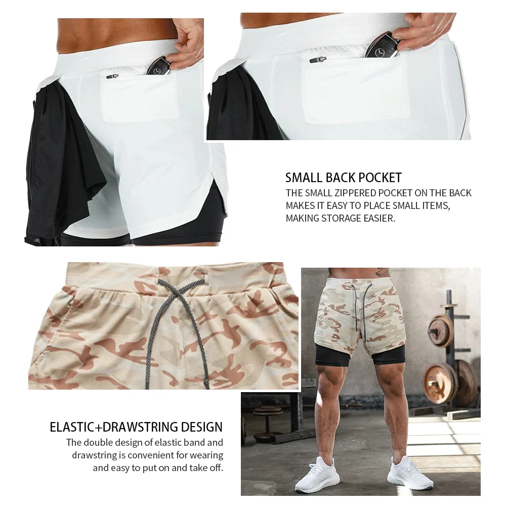 2021 Camo Running Shorts Men 2 In 1 Double-deck Quick Dry GYM Sport Shorts Fitness Jogging Workout Shorts Men Sports Short Pants