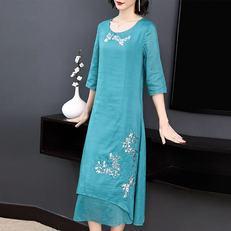 

Summer 2019-Chinese-style Kuotaitai Mom Skirt Loose-Fit Cover Belly High-End Mulberry Silk Silk Dress Women's