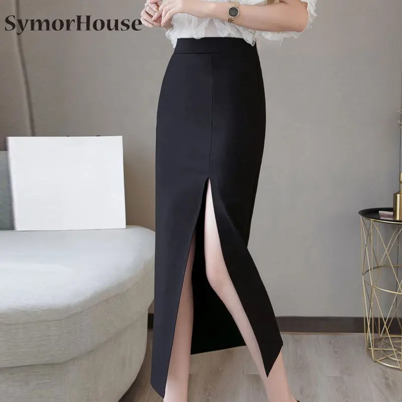 Faldas largas de cintura alta para Mujer, Faldas a la color rojo, coreano, color negro, oficina, 2022 - AliExpress Ropa de mujer