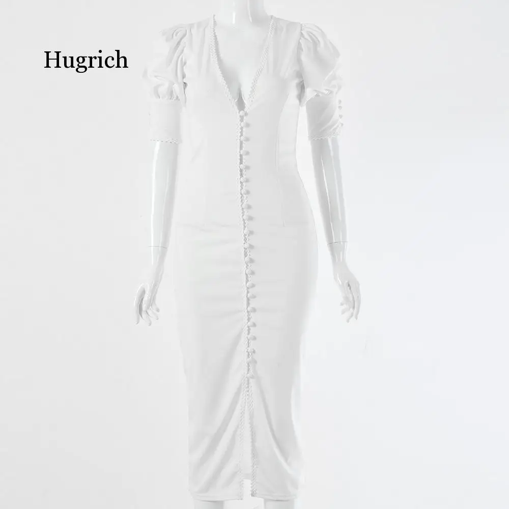 

Puff Sleeve Sexy Bodycon Women Open Buttons Slit Long Pencil Fashion Ladies Casual Autumn Dress