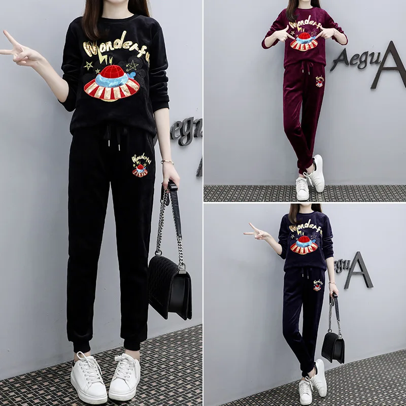 

Winter Women Sportswear Tracksuit Letter Printed Thick Velvet Sweatshirt Loose Pant Running Jogger Fitness Casual Set Sport Suit