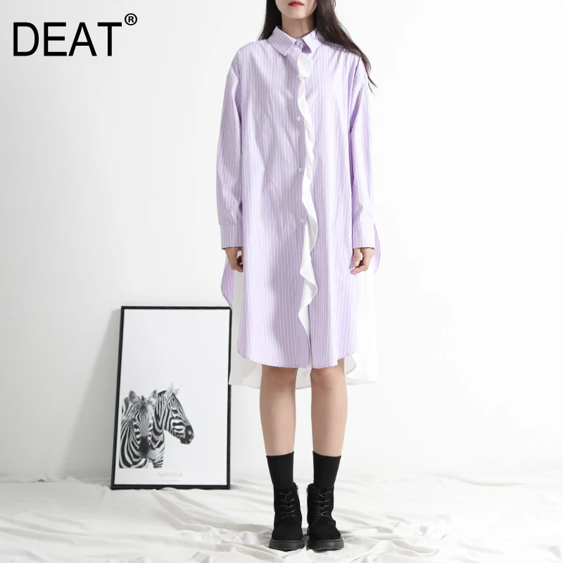 

[DEAT] 2019 New Autumn Winter Lapel Long Sleeve Irregular Ruffles Spliced Fake Two Pieces Split Joint Dress Women Fashion 13D669