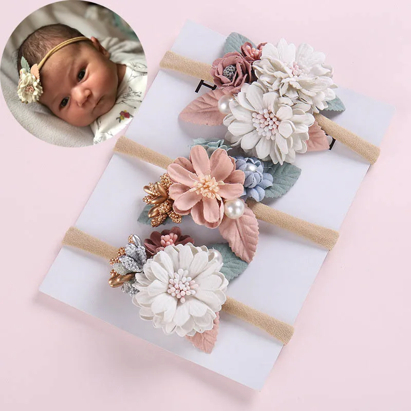 Baby Headbands Girls Lace Flowers & Pearl Hair Bands Pink & White ~ Soft Touch 