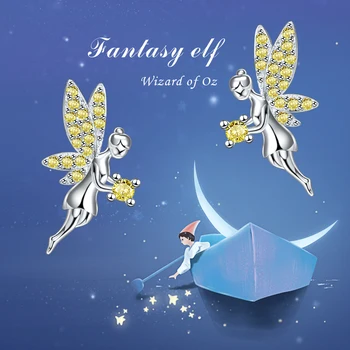 

Strollgirl New 925 Sterling Silver Fanstasy Elf Wings Earrings Yellow Zircon Star Stud Earrings for Women Valentine Jewelry Gift