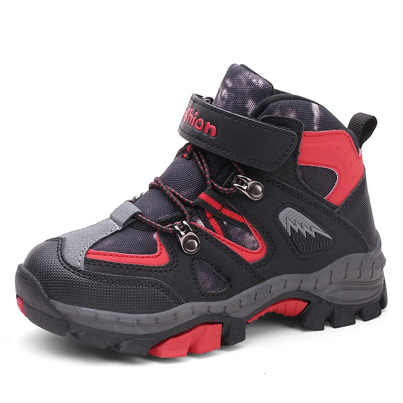 Зимняя спортивная обувь для мальчиков; детская обувь для снежной погоды; обувь для подростков с противоскользящей подошвой; обувь для походов и альпинизма; теплые кроссовки с мехом - Цвет: Black red