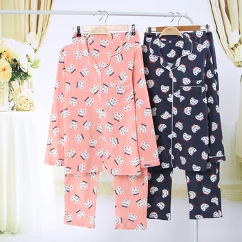 

Couple Pajamas Set Spring Autumn Women Cotton Cartoon Printed Long-Sleeved Long Pants Pajama Sets Lovers Pajamas for Sleepwear