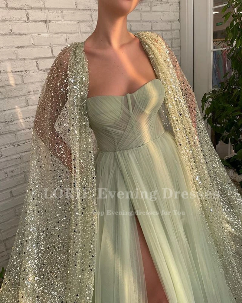 LORIE Green Tulle Evening Dresses 2022 Sparkly Glitter Jacket Prom Dresses Sweetheart Side Slit Party Gowns Robe De Soirée Femme
