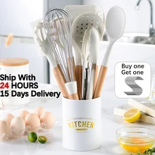 Ensemble d'ustensiles en Silicone avec manche multifonction en bois, ustensile de cuisine, outil blanc, spatule antiadhésive, pelle à œufs