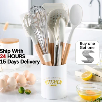 

White Cooking Kitchenware Tool Silicone Utensils Set With Wooden Multifunction Handle Non-Stick Spatula Ladle Egg Beaters Shovel