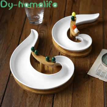 

Nordic Creative Modeling Wooden Chassis with Fruit Fork Ceramic Fruit Tray Household Storage Supplies Snack Fruit Storage Tray