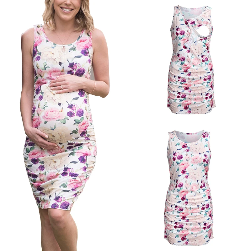 

ENXI 2019 Floral Print Sheath Maternity Dresses Sleeveless Pregnancy Dress Elegant Breastfeeding Dress Cool Sexy