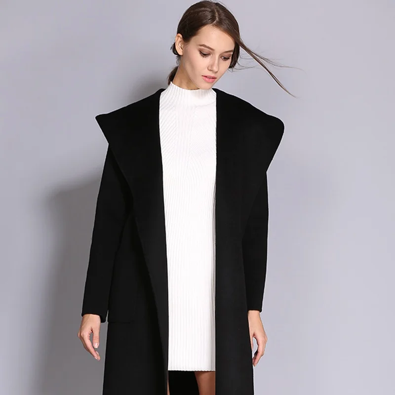 Зимнее длинное пальто, женская шерстяная куртка, модная однотонная женская шерстяная куртка с длинным рукавом, Корейская свободная Осенняя зимняя толстовка с капюшоном, пальто OS156