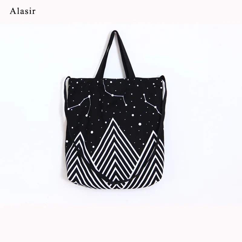 

Alasir Star Black Shopping Bag Starry Sky Shoulder Bag Geometric Patterns Canvas Handbag for Women Simple Design Casual Tote