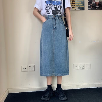 

HStar Retro Long Midi Denim Skirts Women High Waist Button Pockets Split Jeans Straight Skirts Plus Size Summer 2020 Bottoms