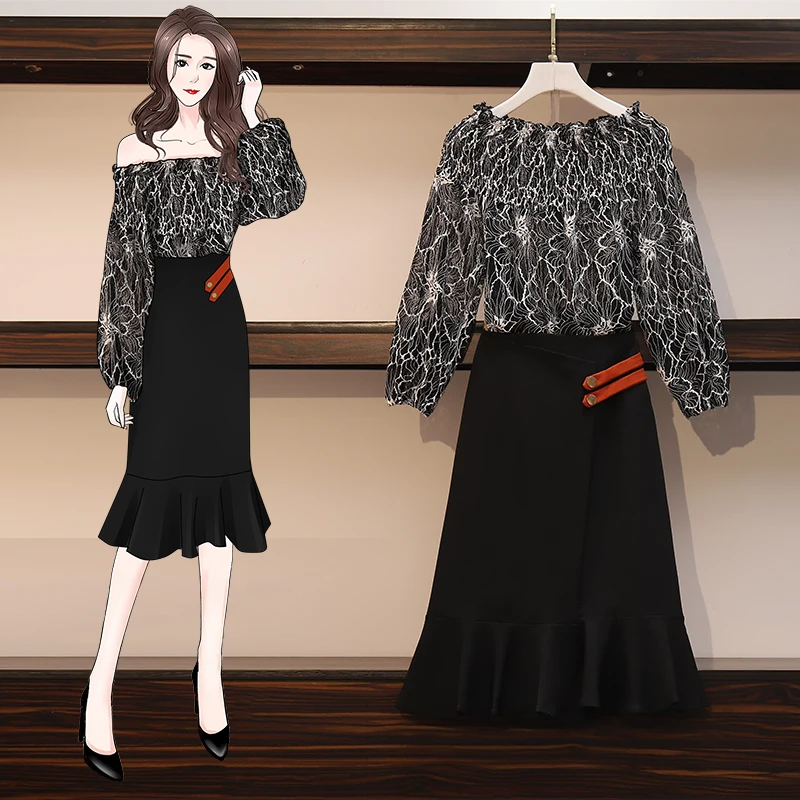 

XL-5XL Plus Size Women Lace Stand Collar Two-Piece Mid-Calf Dress Spring 2020 Fashion V-Neck Long Sleeve Loose Dresses Vestidos