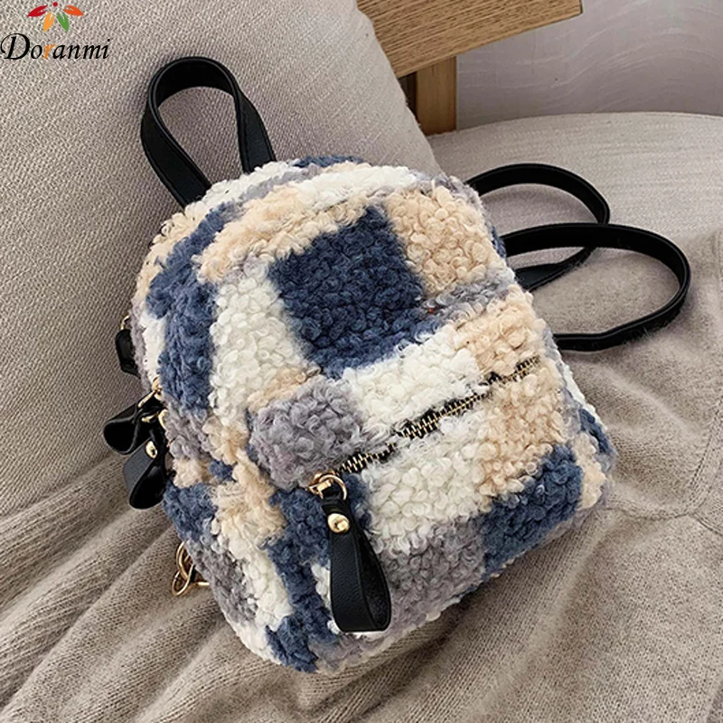 

DORANMI Soft Fur Small Backpacks Women's Backpack 2019 Winter Plaid Mini Female Rucksacks Lambswool Schoolbag Mochila BG327