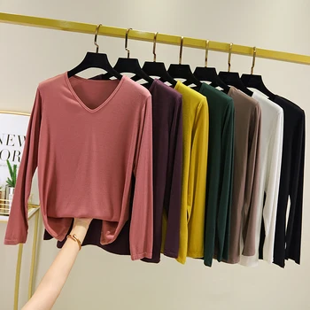 

Europe New Women Spring And Autumn High Fashion Sexy V-Neck Long Sleeve Soft Modal T Shirt Tops Female Hot Sale Black Shirt Tees