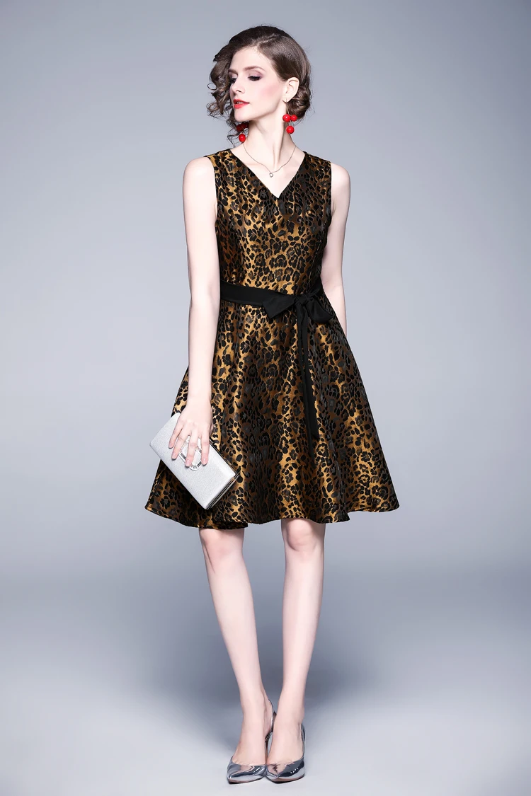 H Han queen Новое поступление винтажное леопардовое жаккардовое платье Модное С v-образным вырезом без рукавов роскошное элегантное тонкое женское вечернее платье