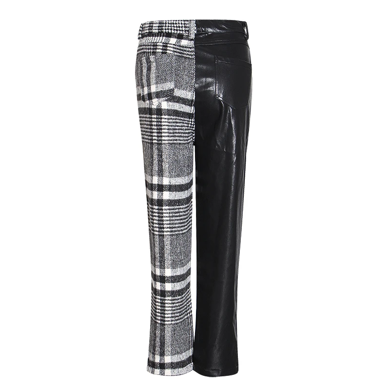 TWOTWINSTYLE женские клетчатые брюки из искусственной кожи в стиле пэчворк с высокой талией; популярные цвета; Асимметричные лоскутные брюки; сезон осень-зима; женские брюки