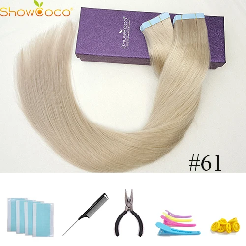 Color 61 ShowCoco ленты в режиме реального Пряди человеческих волос для наращивания Реми Невидимый Двусторонняя голубая лента темно-Цвета натуральная расширение для тонких волос - Цвет: Color 61