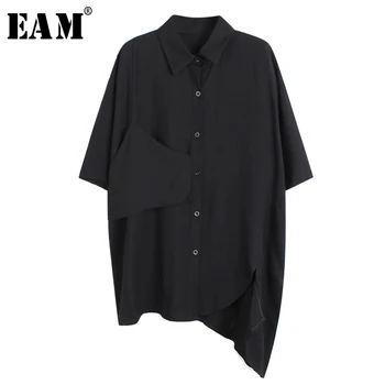 

[EAM] Women Black Irregular Big Size Blouse New Lapel Three-quarter Sleeve Loose Fit Shirt Fashion Spring Summer 2020 1U398