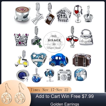 

BISAER 100% 925 Sterling Silver Charms World Travel Camera Coffee Cup Car Beads Fit Original Charm Bracelet Silver 925 Jewelry