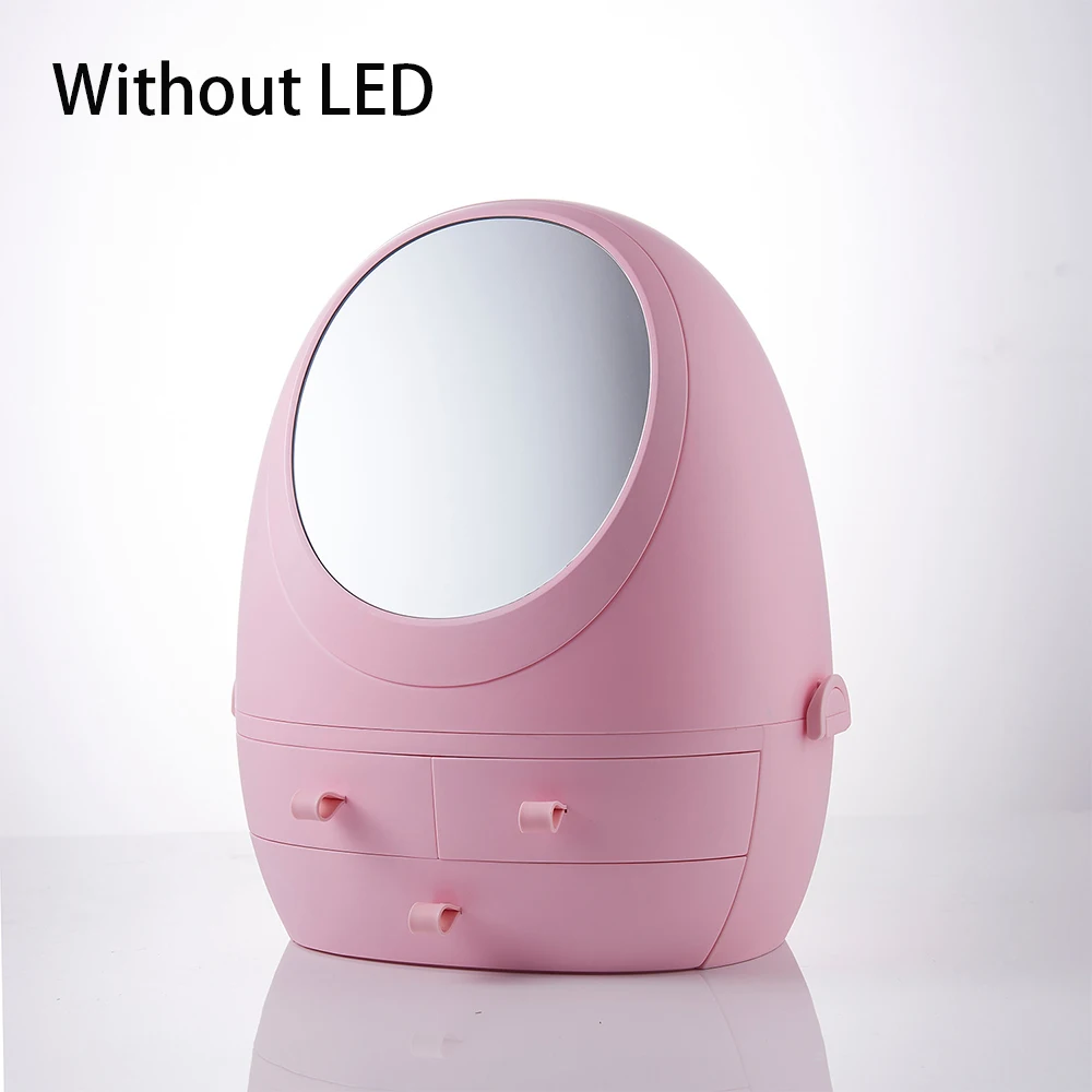 USB Перезаряжаемый водонепроницаемый зеркальный светодиодный светильник органайзер для макияжа коробка для хранения косметики портативный контейнер для ювелирных изделий пыленепроницаемый ящик - Цвет: Pink  Without LED