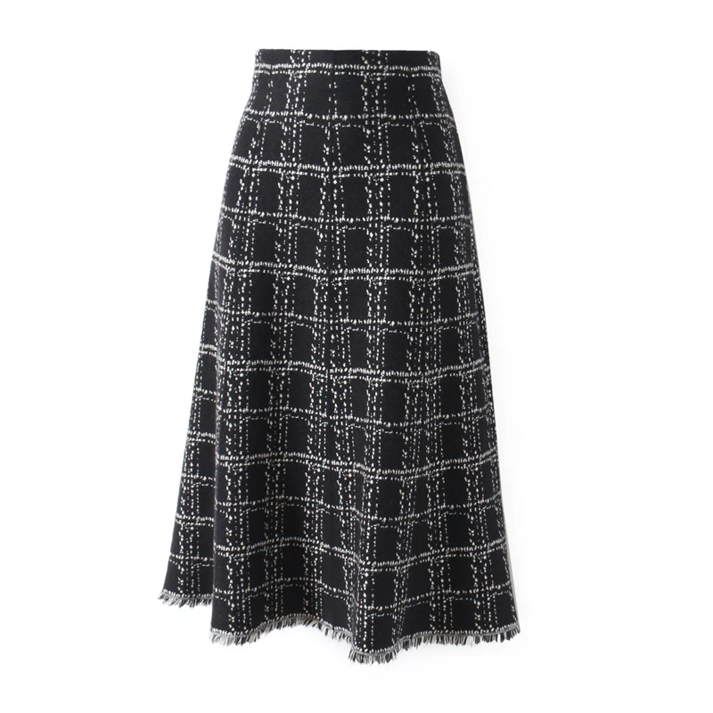 tennis skirt outfits Newest England Women Plaid Knitted Mid Long Skirt Office Lady's Aline Spring Autumn Basic Skirts Tassel Patchwork Skirt Clothing hoop skirt