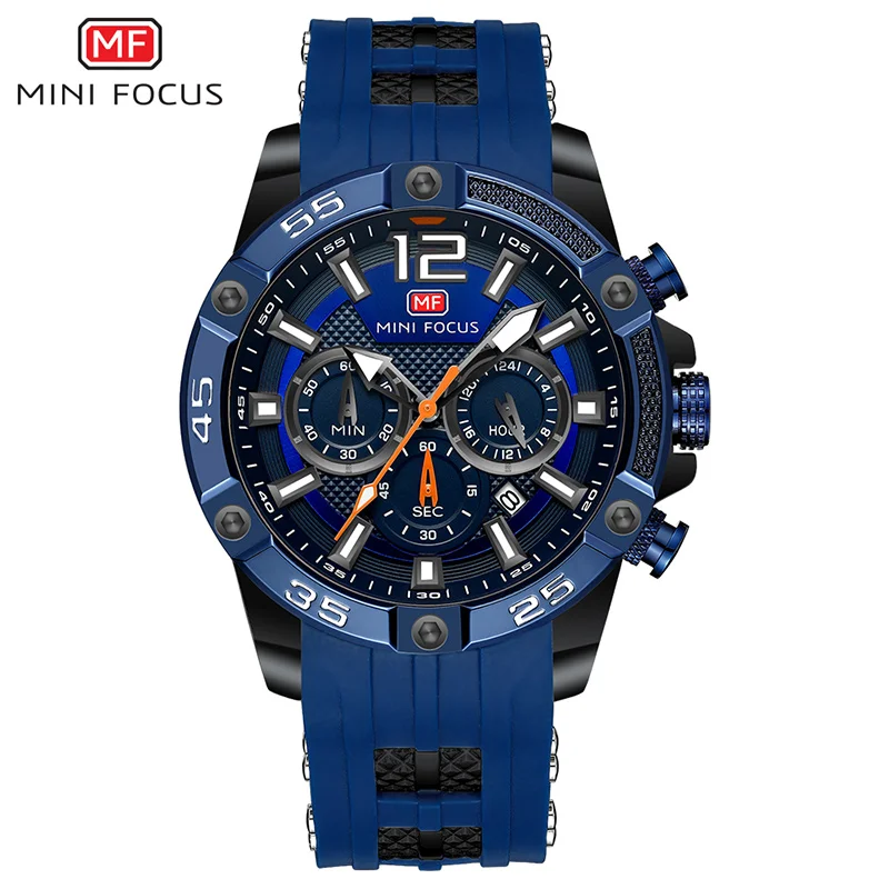 MF0349G-Blue Мужские часы-хронограф с мини-фокусом, роскошные армейские спортивные наручные часы, мужские кварцевые часы с зеленым силиконовым ремешком Relogios Masculino 0349 - Цвет: MF0349G-Blue