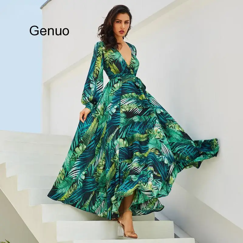 

Fashion Long Sleeve Dress Green Tropical Beach Vintage Maxi Dresses Boho Casual V Neck Belt Lace Up Tunic Draped Dress