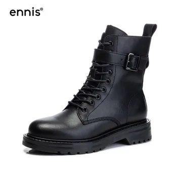 

ENNIS 2020 Women's Winter Boots Martins Square Heel Lace Up Ankle Boots Leather Black Booties Warm Plush Shoes Autumn New A14A