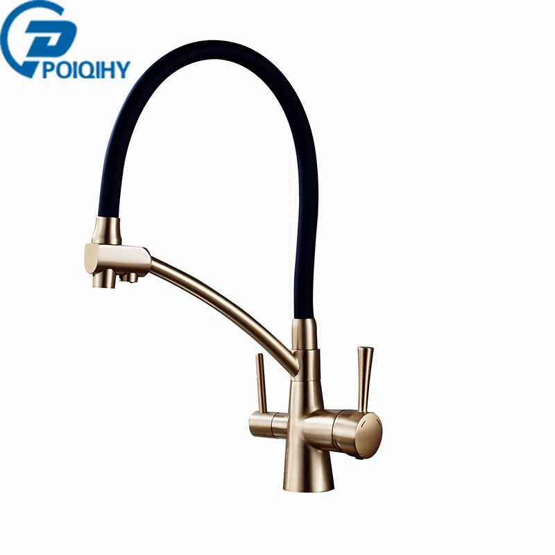 

POIQIHY Brush Golden Pure Water Filter Kitchen Faucet Brass Pull Down Filtered Kitchen Tap Dual Handle Hot Cold Water Mixer Tap