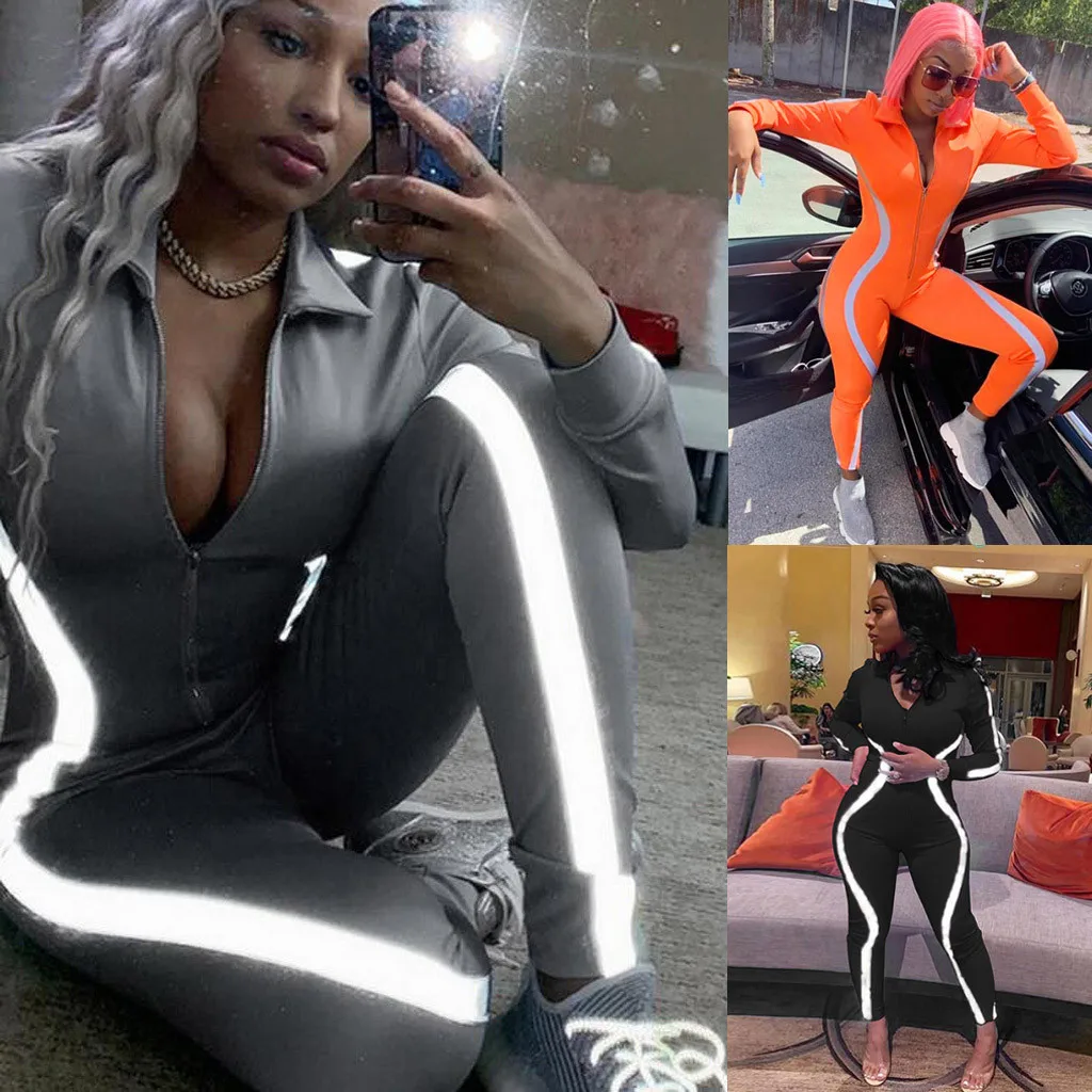 

Simenual Reflective Patchwork Sporty Jumpsuits Women Fitness Active Wear Casual Workout Push Up Long Sleeve Jumpsuit Zipper Slim