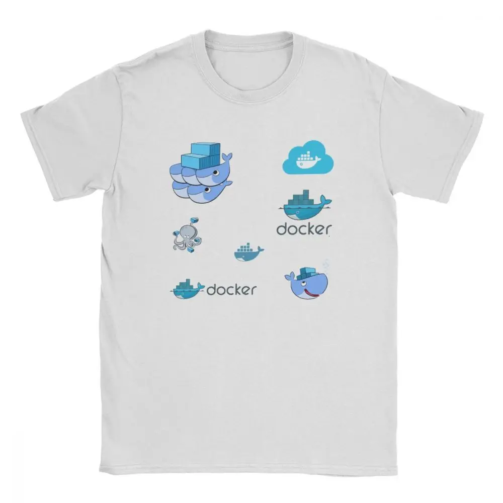 Docker Sticker Set T-Shirt Men Cotton T Shirt Container Sysadmin System Software Developer Deployment Tee Plus Size | Мужская одежда