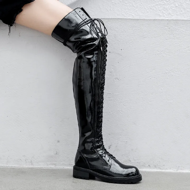 MORAZORA genuine leather shoes women thigh high boots lace up zip low heels platform shoes woman Motorcycle boots black